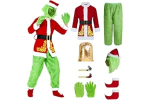 JLFMYD 8PCS Christmas Costume for Men Adult Santa Claus Suit Deluxe Furry Green Giant Monster Santa Cosplay Outfit