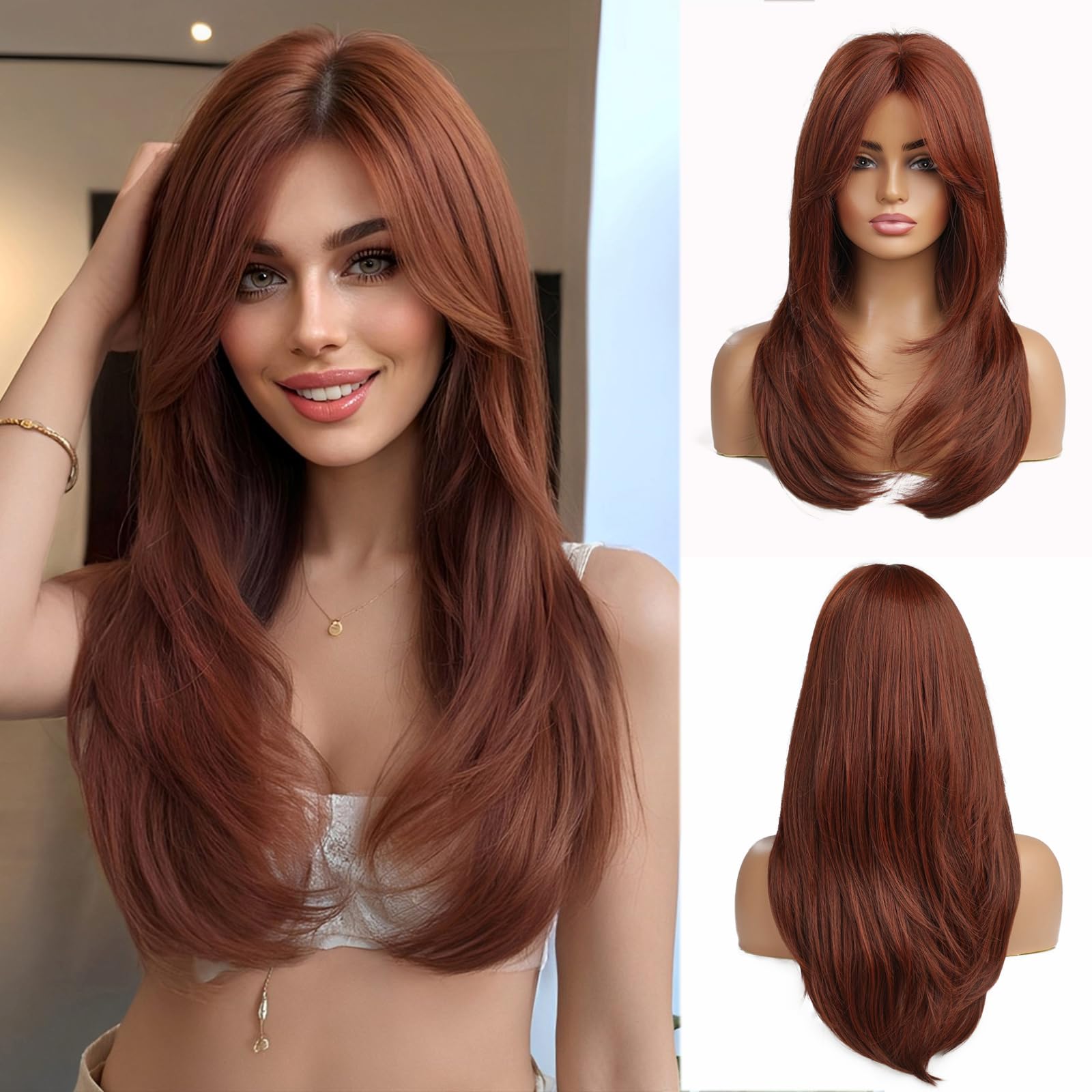 Esmee Long Straight Copper Brown Wigs for Women Natuaral Synthetic Layered Hair Wig with Fringe for Daily Party Cosplay Use-20 Inches — image 1
