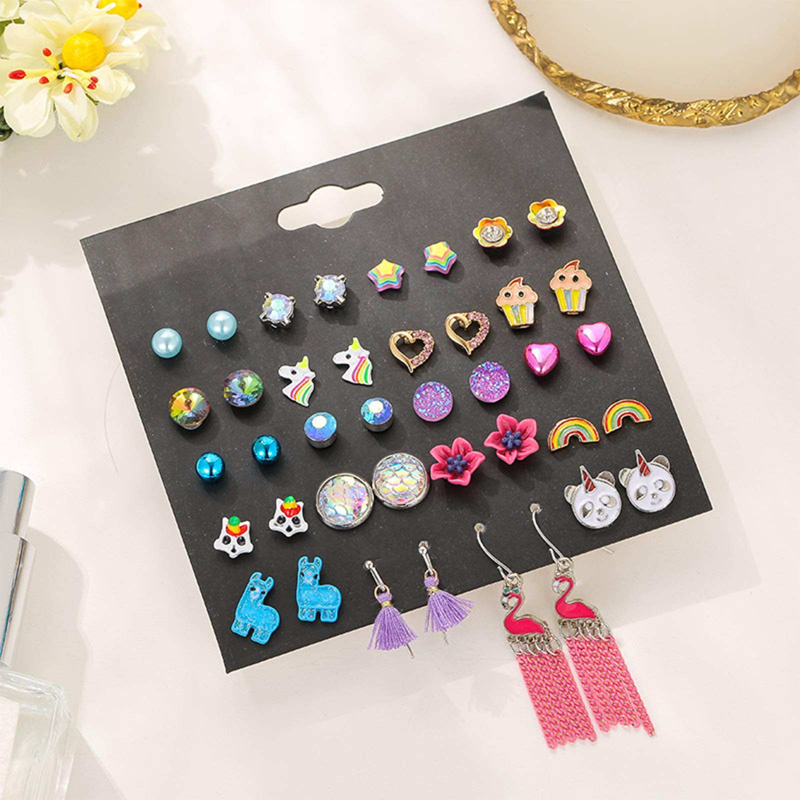 NEWITIN 100 Pairs Colorful Cute Earrings for Girls Sensitive Ears Hypoallergenic Girl Stud Earrings Set Stainless Steel Cartoon Stud for Girls and Women