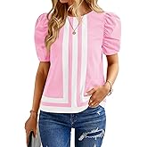 Cicy Bell Womens Summer Puff Sleeve Blouses Striped Color Block Cropped Tops Casual Round Neck Shirts