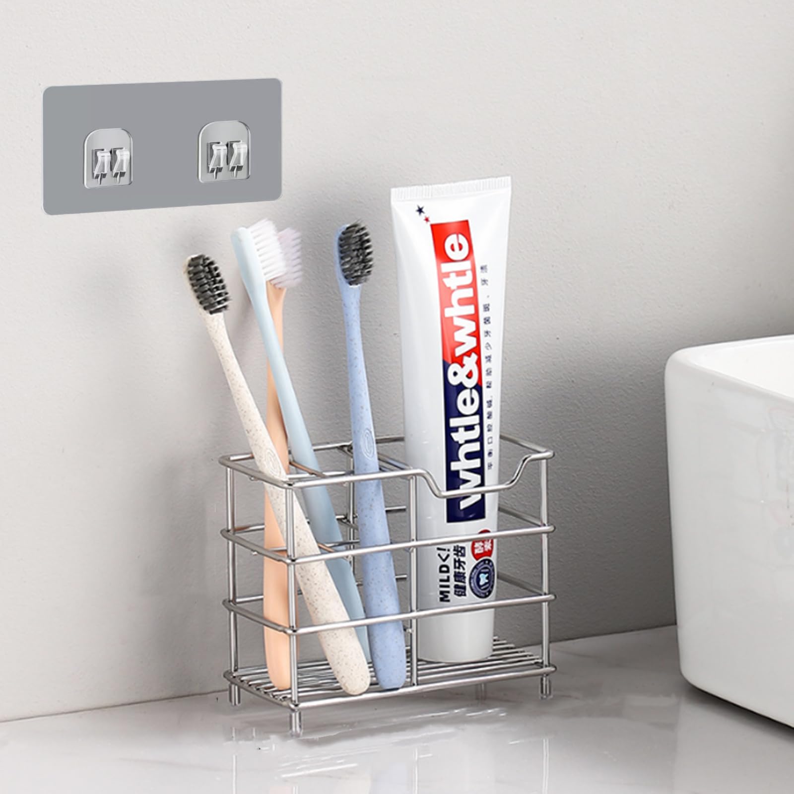 Binwat Toothbrush Holder Stainless Steel Small Ventilated Mould-Proof Toothbrush Caddy Antibacterial Metal Wall Mounted Toothpaste Stand for Bathroom(Silver,Manual)