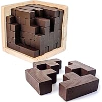 Original 3D Wooden Brain Teaser Puzzle by Sharp Brain Zone. Genius Skills Builder T-Shape Pieces. Educational Toy for Kids an