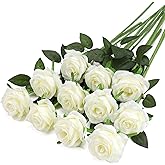 FLORRALIA White Fake Roses Artificial Flowers - 10 Pcs Fake Artificial Roses Silk Flowers with Stems for Home Wedding Hotel Office Centerpiece Decor