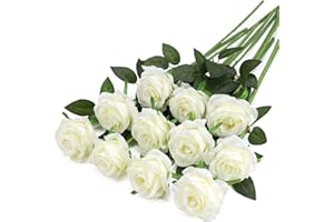 FLORRALIA White Fake Roses Artificial Flowers - 10 Pcs Fake Artificial Roses Silk Flowers with Stems for Home Wedding Hotel Office Centerpiece Decor