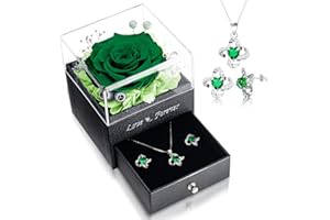Preserved Real Rose with Necklace Earrings Set, Eternal Rose Flowers Gifts for Anniversary Birthday Valentine's Day Mothers D