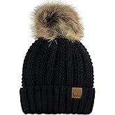C.C Thick Cable Knit Faux Fuzzy Fur Pom Fleece Lined Skull Cap Cuff Beanie