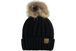 C.C Thick Cable Knit Faux Fuzzy Fur Pom Fleece Lined Skull Cap Cuff Beanie