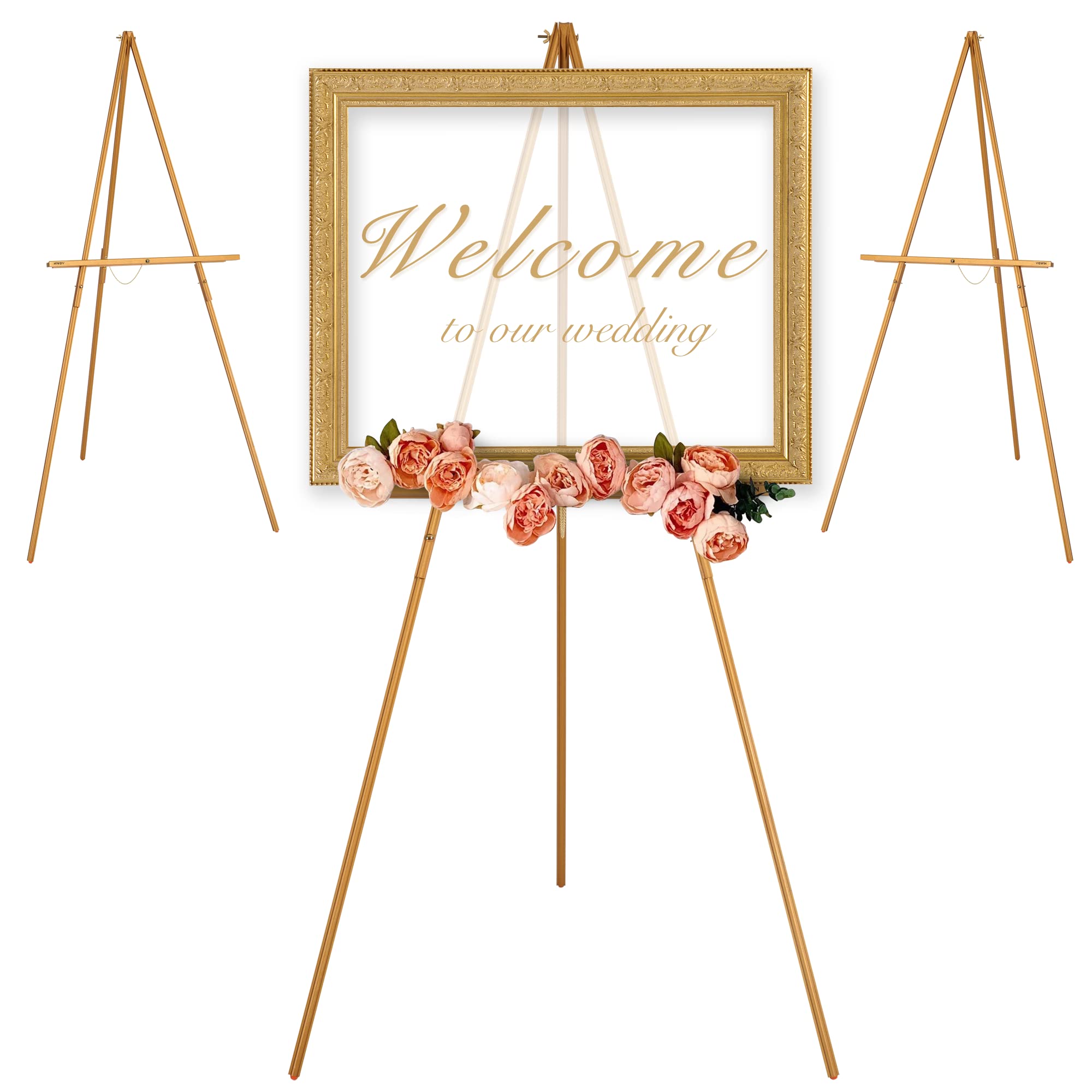 VISWIN 3Pcs 63" Gold Easel Stand for Wedding Signs, Adjustable Wooden Display Easel with Holder, Tripod Floor Easel for Welcome Board, Poster, Picture, Photos, Paintings