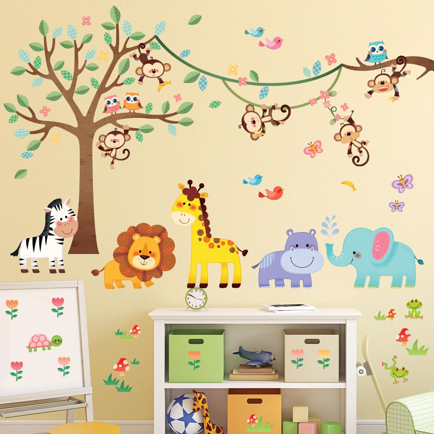 DECOWALL SG2-2113 Forest Animals Tree Kids Wall Stickers Monkey Elephant Giraffe Decals Removable for Nursery Bedroom Living Room Art Mural Decoration