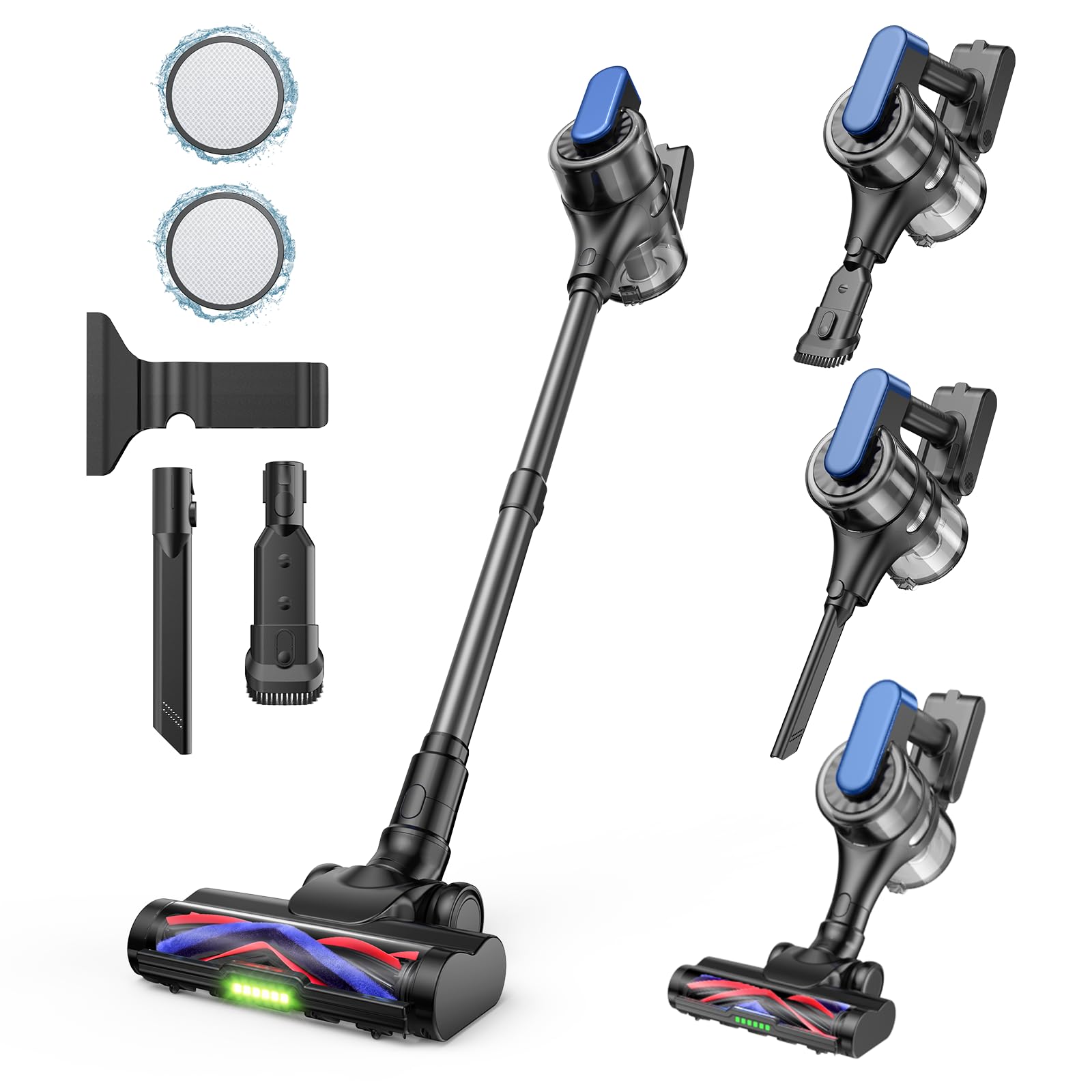 Vacfore Cordless Stick Vacuum Cleaner – 3-in-1 Brush Roll for Hard Floors and Carpets, 55 Min Runtime Rechargeable Lightweight Vacuum with Green LED Headlight for Pet Hair and Dust Cleaning