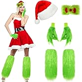 4 Pcs Christmas Green Monster Santa Costume with Christmas Hat Fuzzy Faux Leg Hand Gloves Furry Hair Bow for Winter Holiday Xmas Dressing Props
