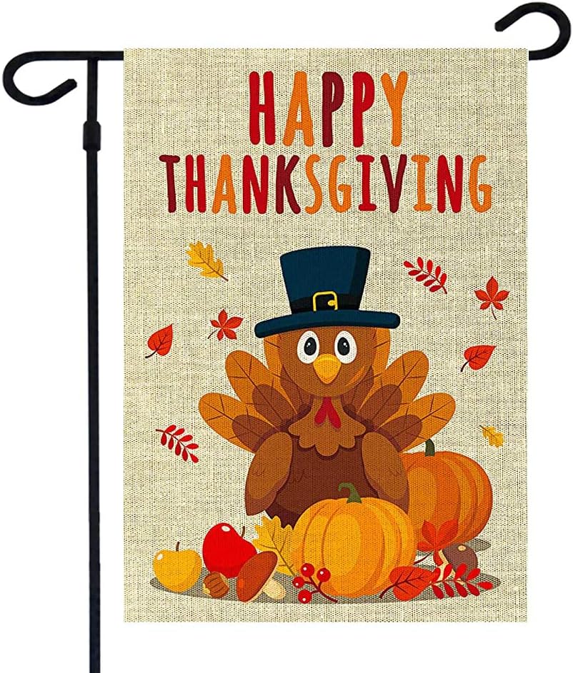 Vinyl Etchings Happy Thanksgiving Garden Flag, Double Sided Turkey Pumpkin Burlap Yard Flag for Outdoor Indoor Home Decor Harvest Fall Decorations Sign - 12.4 x 18.2 Inch