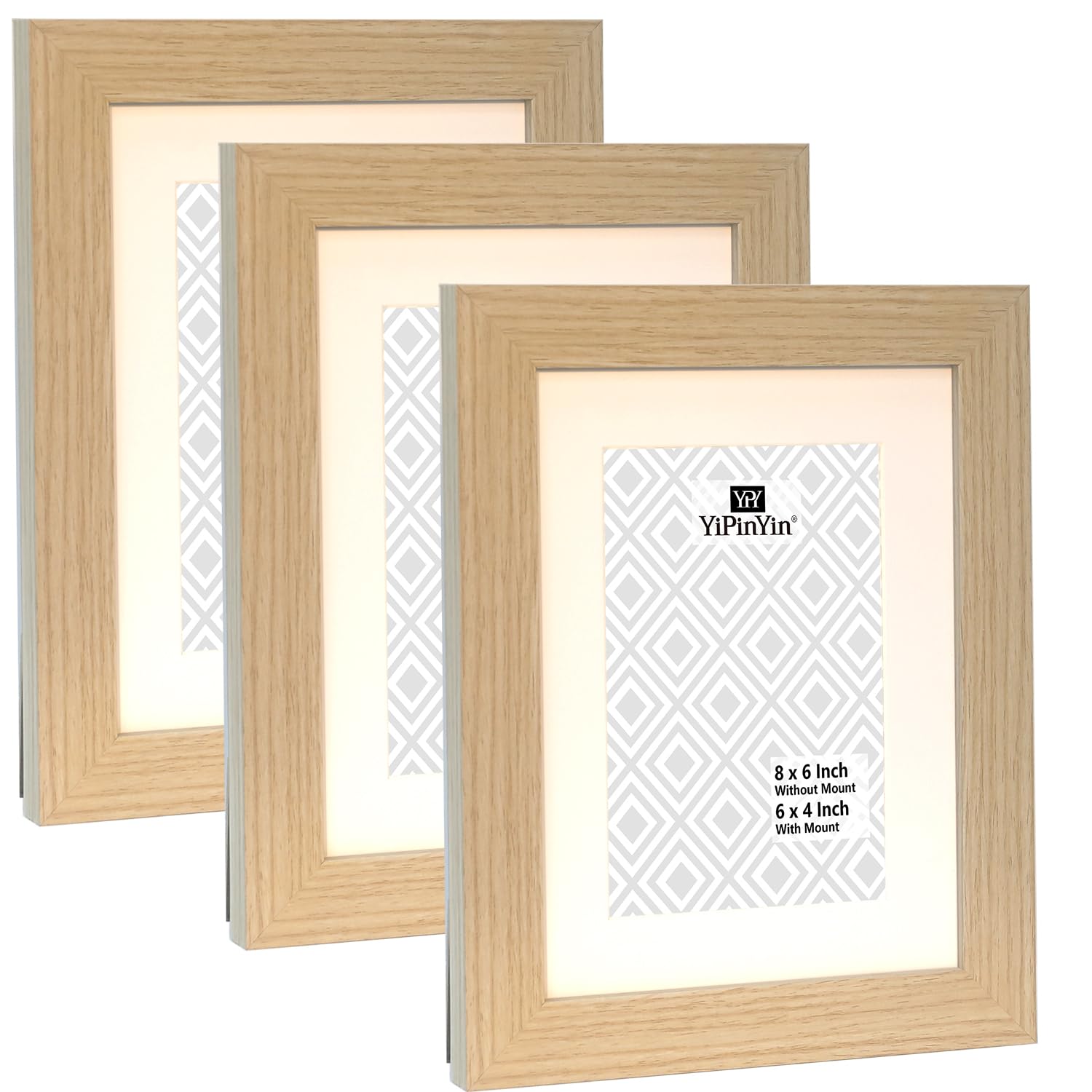 8x6 Inch Oak Wood Effect Photo Frame set of 3, 6x8 Inch Natural Wood Effect Picture frames with Mount for 6 x 4'', 3Pack frames With Acrylic Front for Tabletop or Wall Display