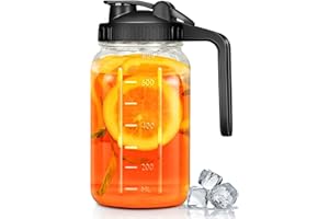 irjeen Glass Pitchers with Handle and Lid, 32oz Breast Milk Pitcher, Wide Mouth Mason Jar Pitcher, Leak Proof Drink Pitcher Water Pitcher, for Breastmilk, Water, Juice, Milk, Tea, Iced Coffee, 1 Pack