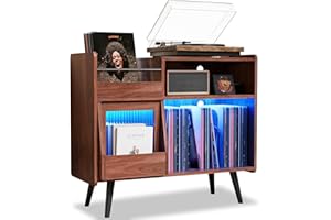 MULEJYBO Large Record Player Stand with Sliding Door,350 Vinyl Record Storage Cabinet, Record Player Table with Power Outlet and LED Light,Turntable Stand with Wood Legs for Living Room,Office
