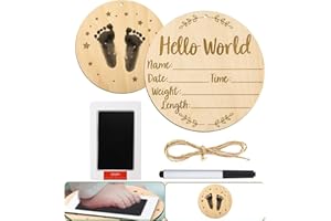 Suweiyuanshiyi Baby Announcement Sign, 5.9in Round Hello World Baby Name Plaque with Pad for Baby Hand and Footprints Wooden 