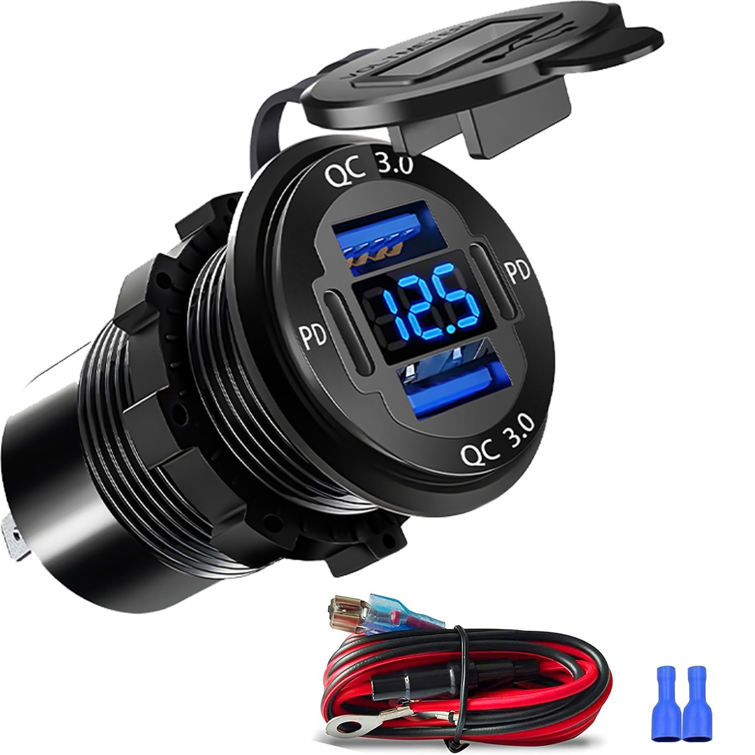 Upgraded 12V USB Charger with 4 Ports - Aluminum Alloy Car Outlet with LED Voltmeter for Cars, Golf Carts, Boats, RVs, Trucks, and Motorcycles (Pack of 1)