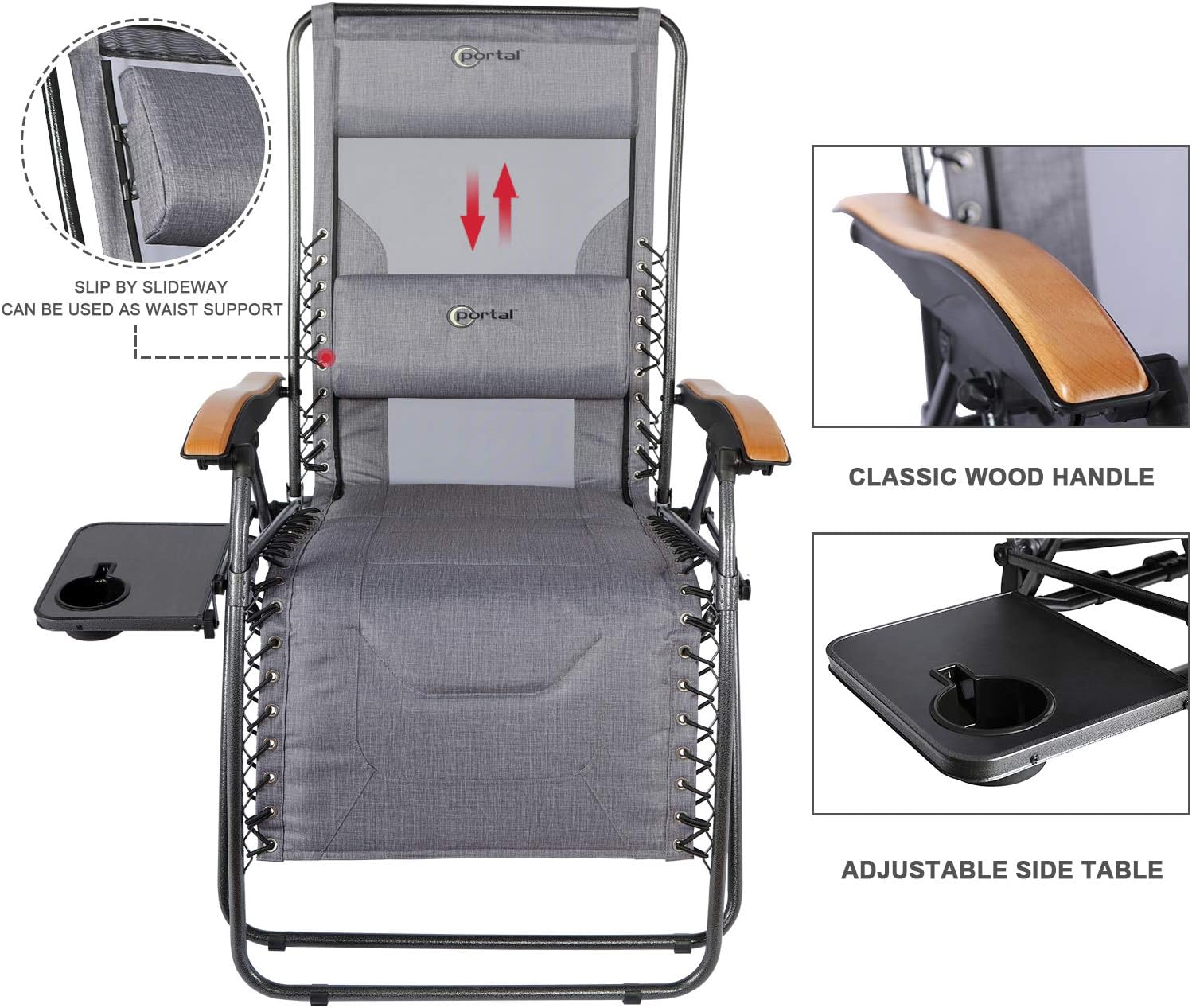 PORTAL Oversized Mesh Back Zero Gravity Recliner Chair, XL Padded Seat Adjustable Patio Lounge Chair with Lumbar Support Pillow and Side Table Support 350lbs (Dark Grey) : Garden & Outdoor