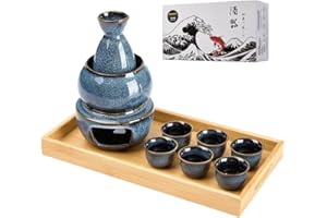 DUJUST 10 pcs Japanese Sake Set with Warmer for 6, Kiln Altered Glaze Porcelain Sake Set, 6 Sake Cups, 1 Sake Bottle, 1 Warme