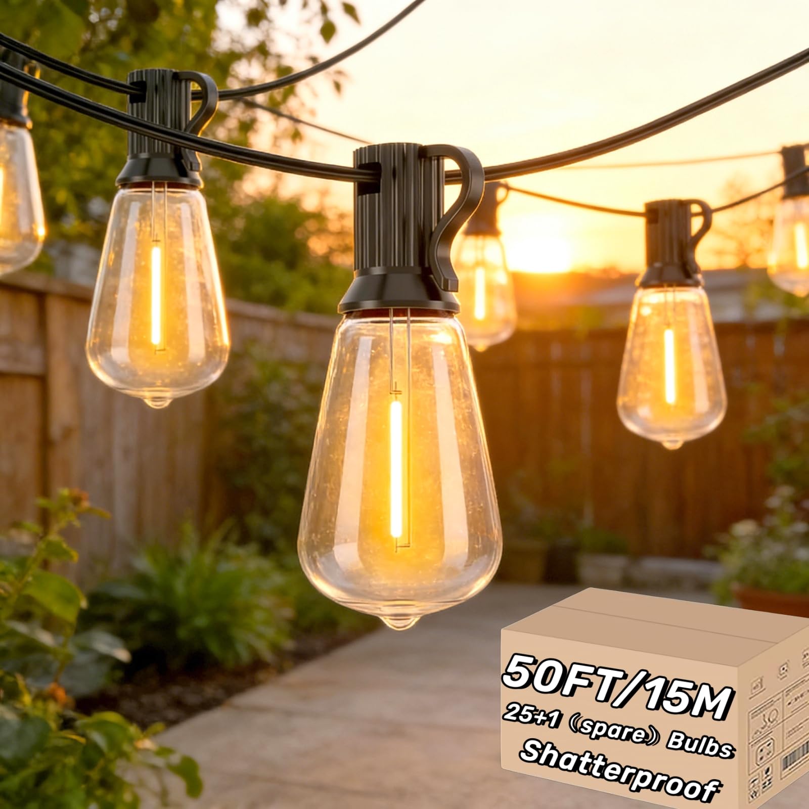 AzureStar Festoon Lights 15M Mains Powered LED Garden Festoon Lights with 25+1 Waterproof ST38 Vintage Bulbs for Outdoor Patio Pergola Party Terrace Decor Linkable