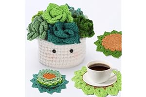 Hssugi Crochet Kit for Beginners - 6PCS Coasters in a Plant Pot Crochet Start Kit, Complete Beginner Crochet Kit with Crochet Hooks, Yarn, Clear Video Tutorials for Adult Beginners