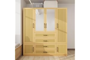 Keloyid Large Rattan Wardrobe Closet with Mirror: 4 Door Bedroom Armoires Wardrobe Closet with 4 Drawers Tall Wardrobe Closet Cabinet with Shelves