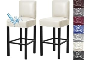 ANWUCHEN Bar Stool Covers,2 Pack Stretch Waterproof PU Bar Stool Covers with Backs Removable Bar Stool Chair Covers Basrstool Covers Slipcovers with Back Pub Counter Chair Covers with Elastic Bands Beige
