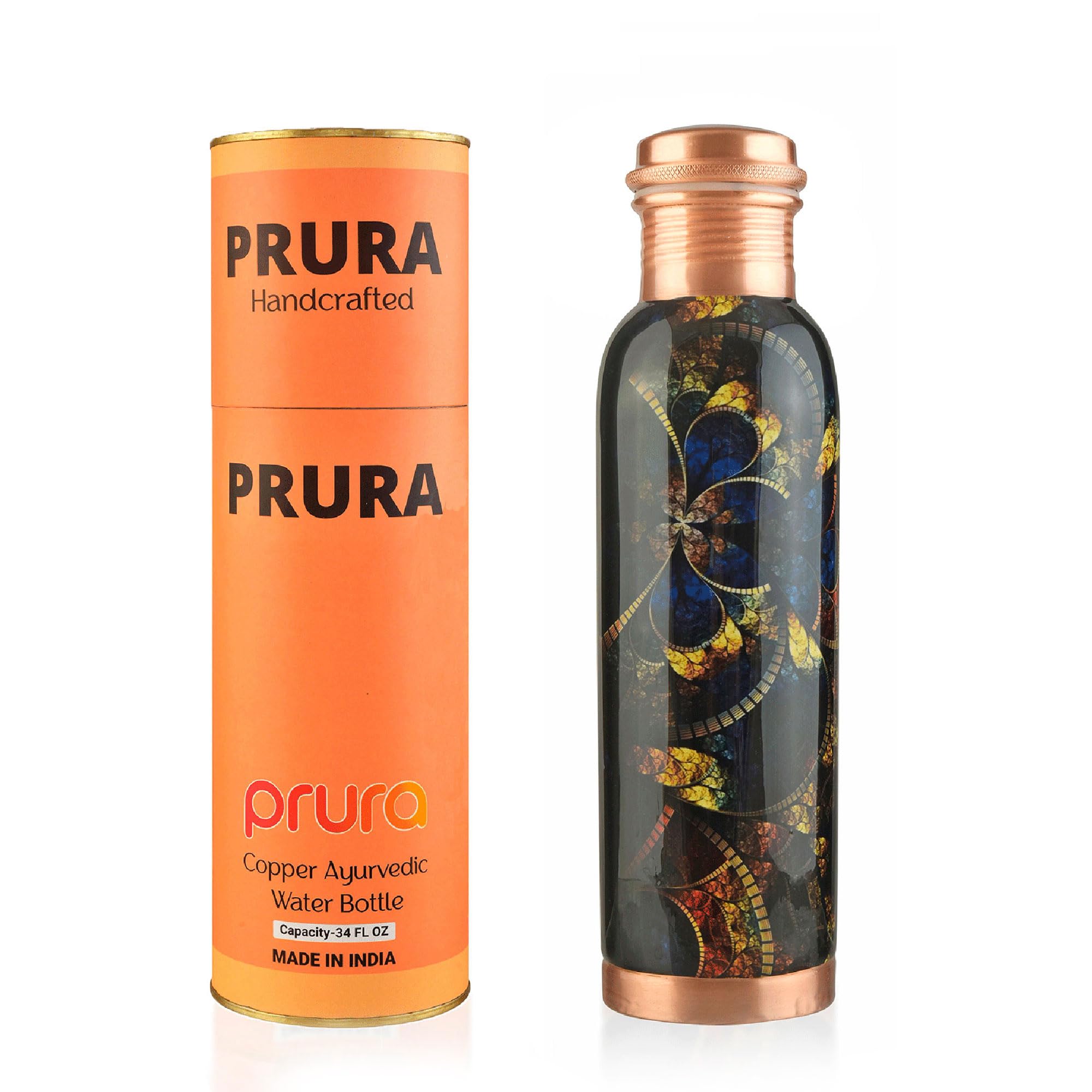PRURA Copper Water Bottle - Leak Proof Ayurvedic Drinkware Copper Vessel for Sports, Gym, Outdoors, Yoga