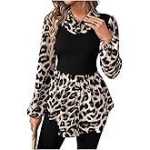 GORGLITTER Women's Cheetah Leopard Animal Print Peplum Top Blouse Lantern Long Sleeve Fall Teacher Baby Doll Twofer Top