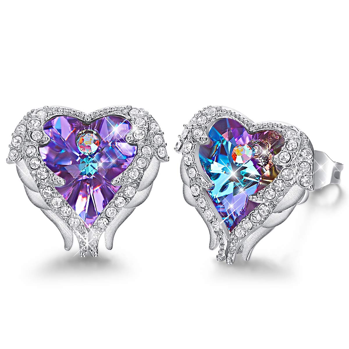 CDE Earrings for Women Swarovski Crystal Studs Silver Angel Wing Purple Heart Jewelry for Girls