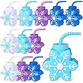 Sliner 12 Pcs Snow Themed Party Favor Winter Snowflake Cup with Straws, 10 oz Plastic Snowflake Shape Cup for Winter Iced Snow Flake Birthday Baby Shower Party Supplies