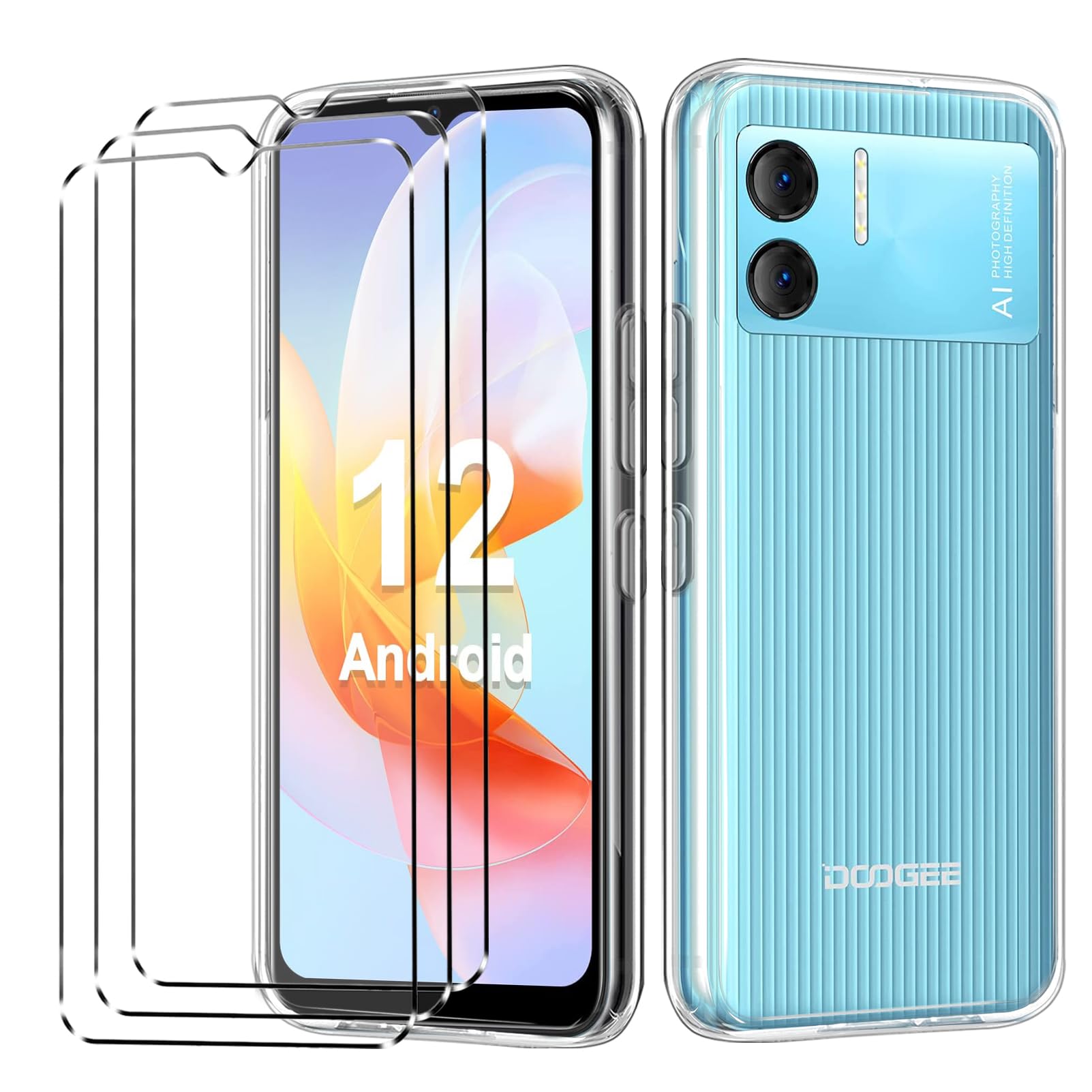 [4 in 1] Case Compatible with DOOGEE X98 X98 Pro Cover with 3 Pack Tempered Glass Screen Protector for DOOGEE X98 X98 Pro, Slim Fit Soft TPU Shockproof Anti-Scratch Phone Case Cover - Clear