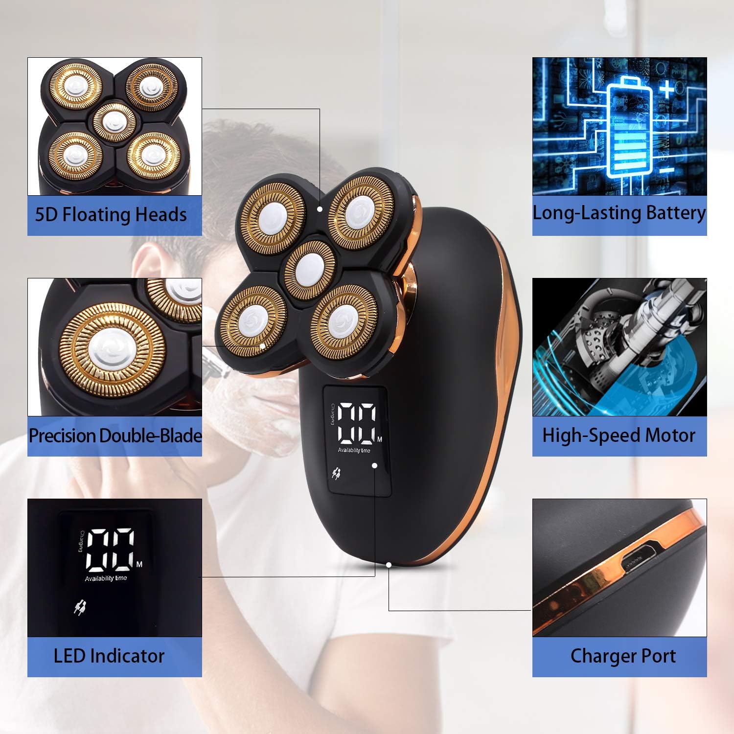 Multifunctional Electric Shaver & Grooming Kit for Men, 5 in 1 Wet and Dry Waterproof Electric Razor, Bald Head Shaver, 4D Floating Hair Clippers, Facial Cleaner (Upgraded Version) - Image 4