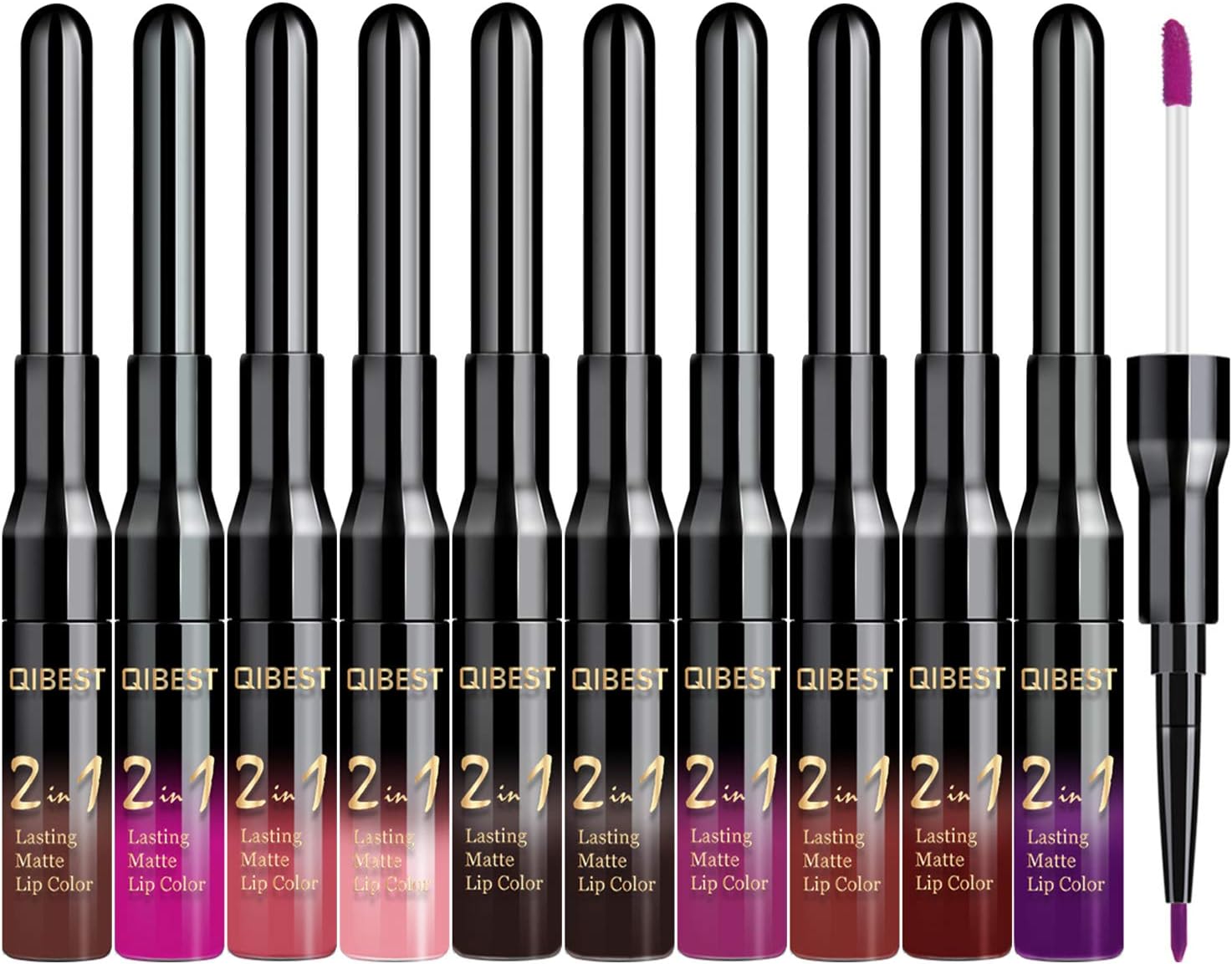 COOSA 10 Pcs Matte Liquid Lipstick Lip Liner Set 2 in 1 Velvet Matte Lipstick Lip Gloss Double-End Ended Lip Liner Lip Gloss Long-lasting Water-proof Liquid Lipstick Pen for Women Girls (11#-20#)