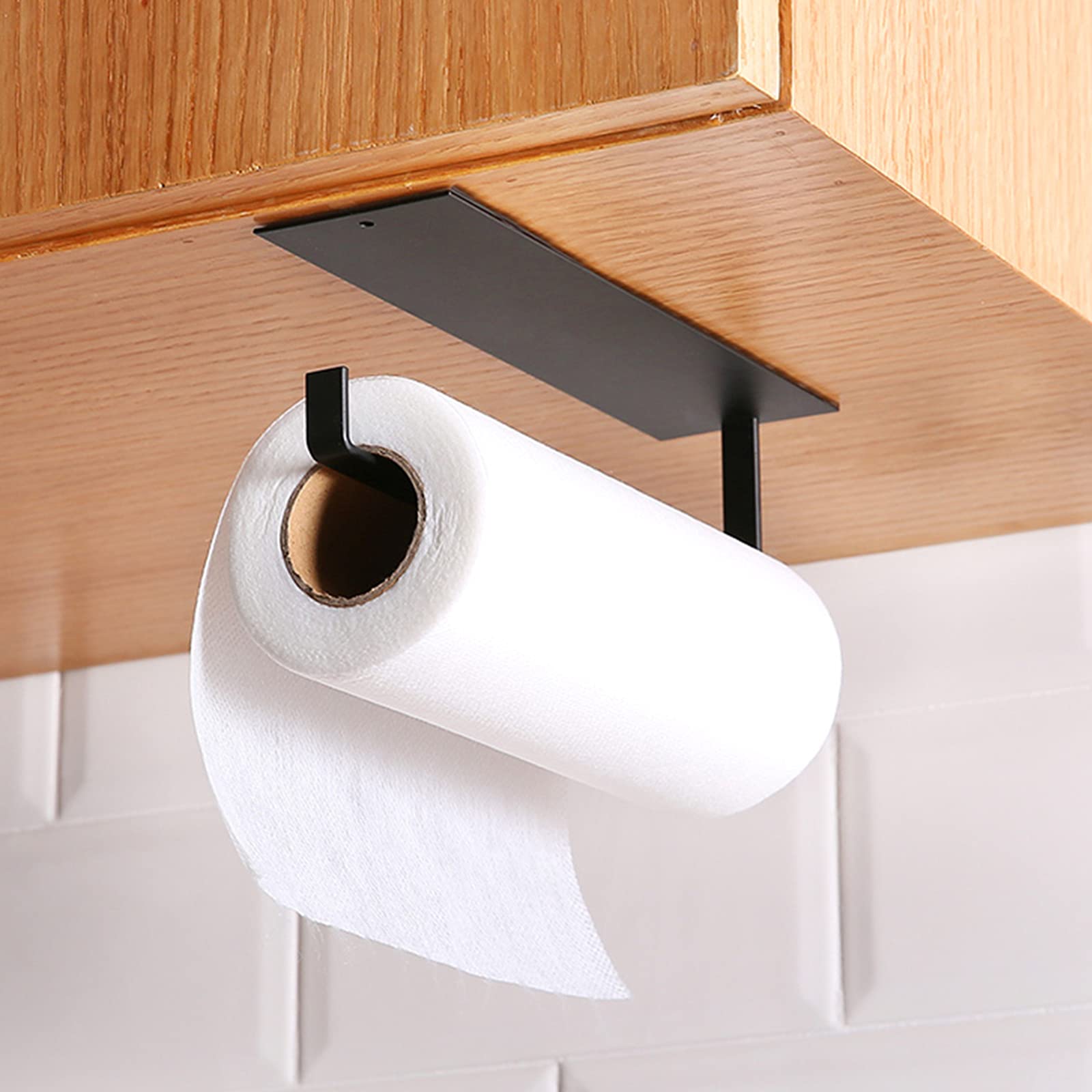 Kitchen Paper Rack Wall Mounted, Toilet Roll Holder, Napkins Storage Rack Under Cabinet, Paper Towel Roll Holder Self Adhesive No Drilling Required (Black)