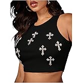 SHENHE Women's Goth Cross Rhinestone Tank Tops Halloween Rib Knit Sleeveless Crop Top Vest