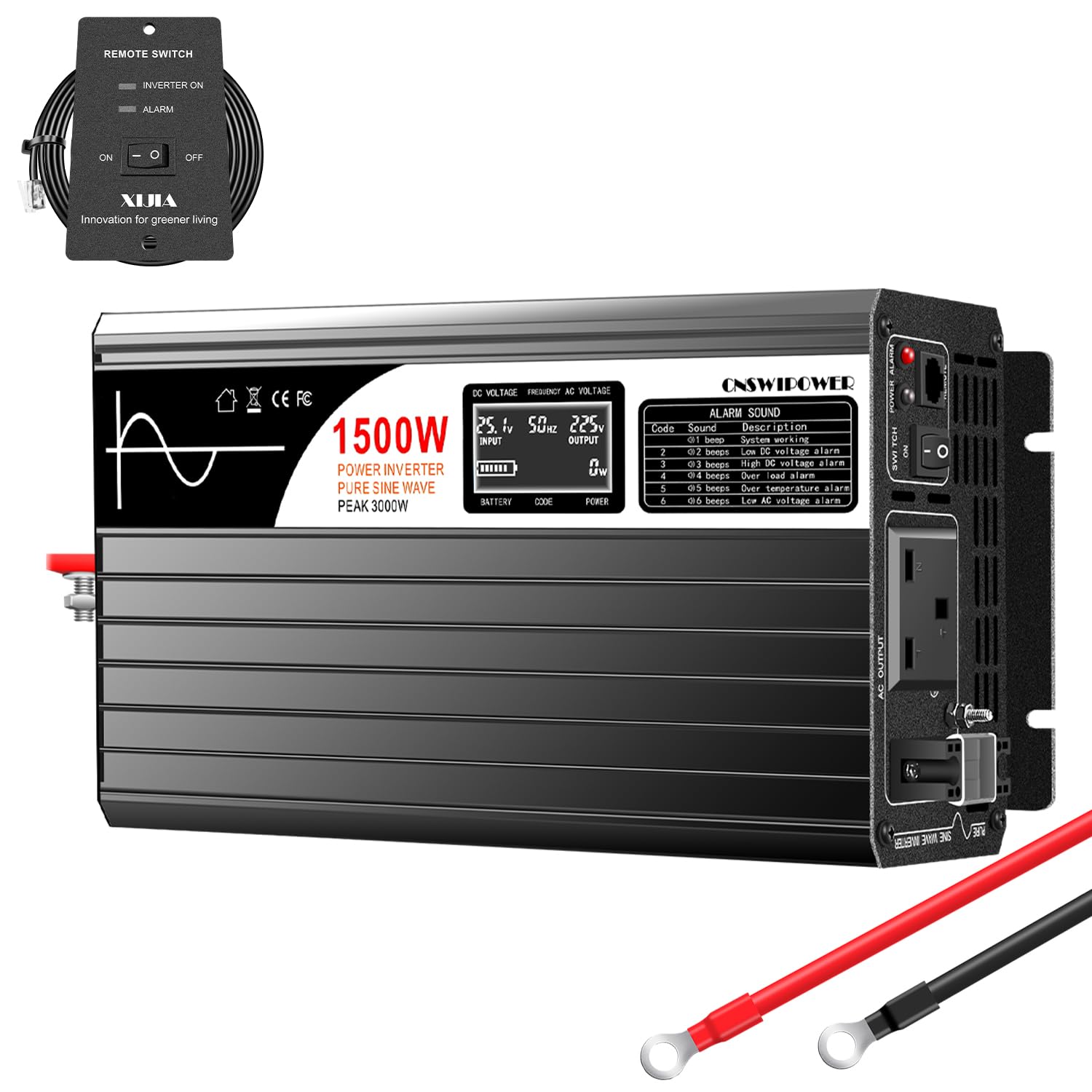 Xijia Inverter 1500 watt Pure Sine Wave Power Inverter DC 12V(10V-15V) to AC 230v 50HZ Solar Inverter with 5 Meter Remote Control LCD display for Camping, Boat,Outdoor,Home Use