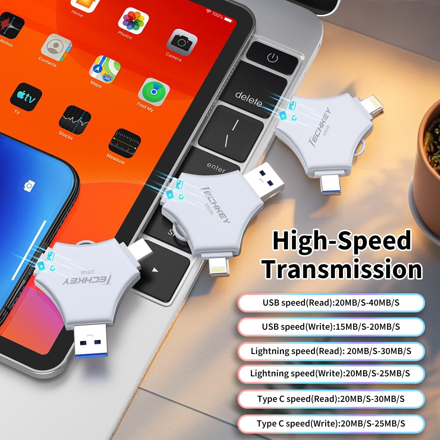 USB 3.0 Flash Drive for iPhone 256GB: MFi Certified 3in1 External Memory Photo Keeper Storage Stick for Picture/Video/Data Saver/Backup High Speed Thumb/Jump/Hard Drive for iPad/Android/PC -Grey