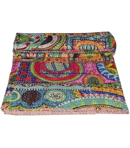 Sophia-Art Colcha India Hecha A Mano Con Estampado De Pavo Real De Algodón Kantha, Colcha étnica, Manta Bohemia, Decorativa, Funda De Cama Hippie (negro, 226 X 250 Cm