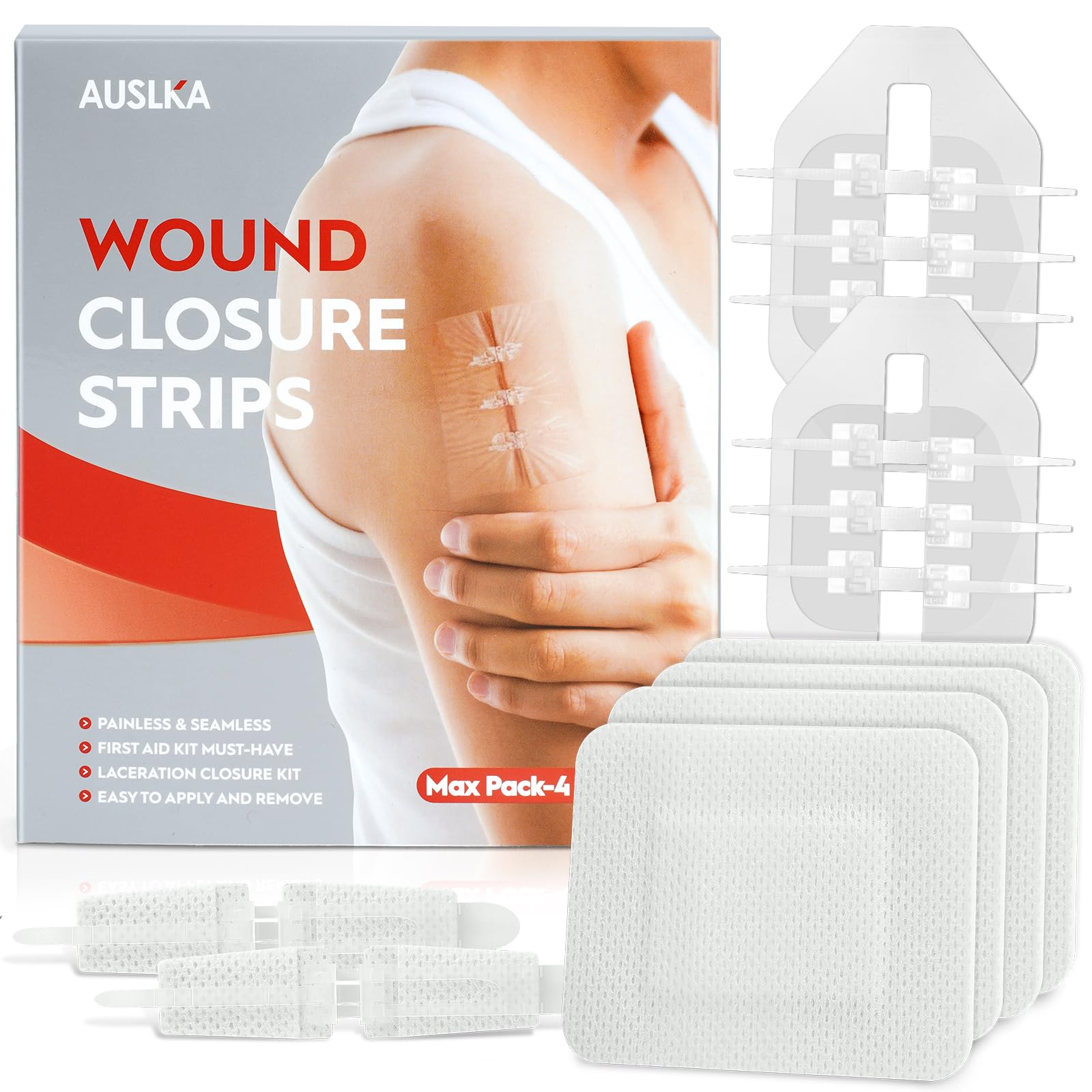 Photo 1 of AUSLKA Laceration Closure Kit - 4pk - 2 Types Emergency Wound Closure Strips - Repair Wounds Without Stitches - Butterfly Bandages