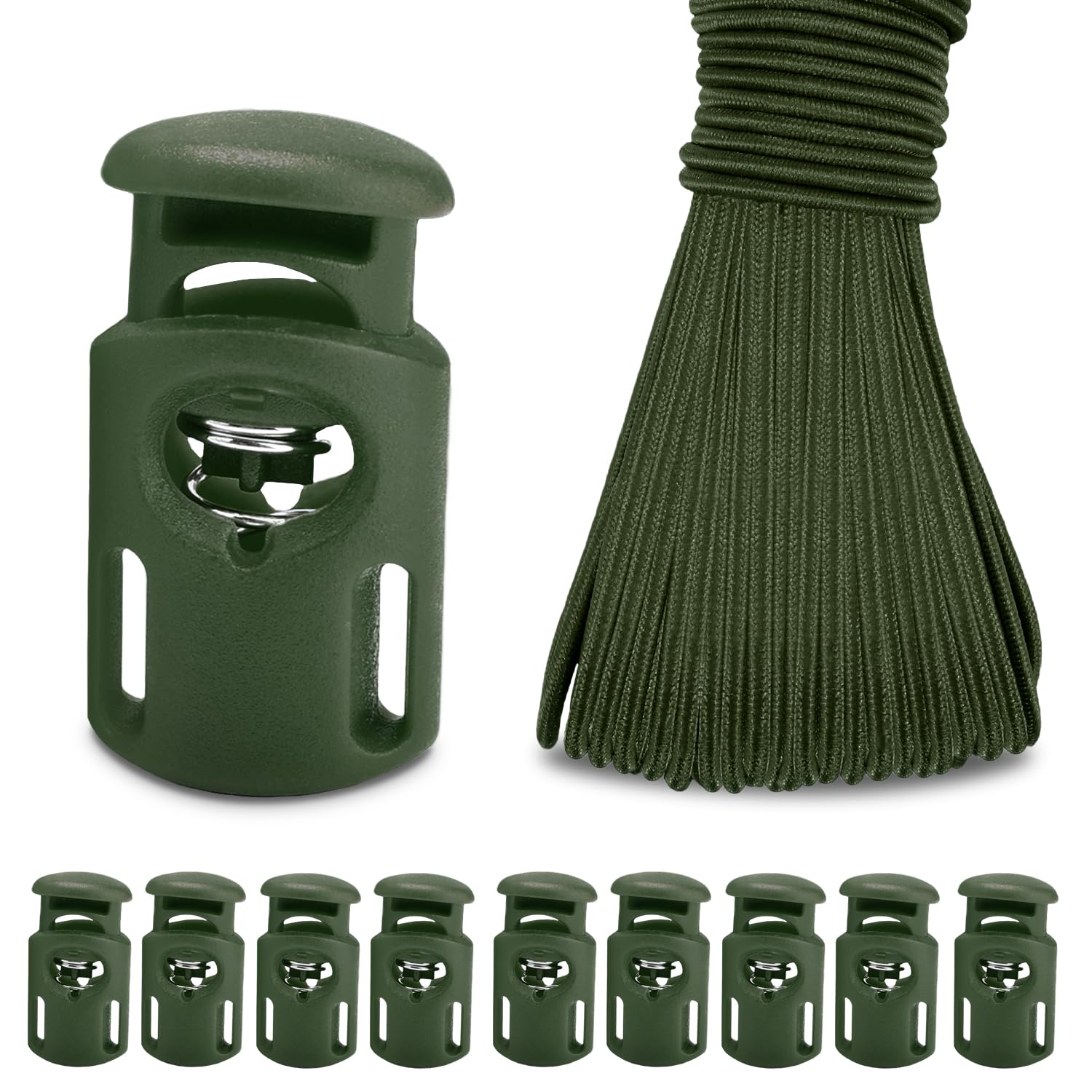Photo 1 of 10 Meter 3mm Elastic Bungee Shock Cord Stretch String, 25pcs Plastic Cord Locks Spring Toggle Stopper for Drawstring Backpack Shoelaces(Militarygreen)