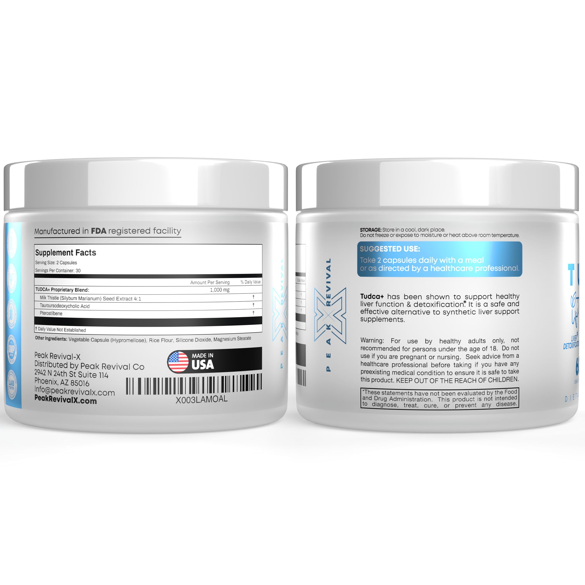 Peak Revival-X TUDCA+ 1000mg Bile Salt Supplement for Liver Support, Detoxification, Digestive Health, and Skin Health - Made in The USA (60 Vegan Capsules)