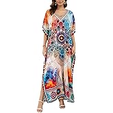 IMAGEKOPE Women's Plus Size Loose Fit Moroccan Print V-Neck Batwing Kaftan Beach Dress Bathing Suit Cover Up