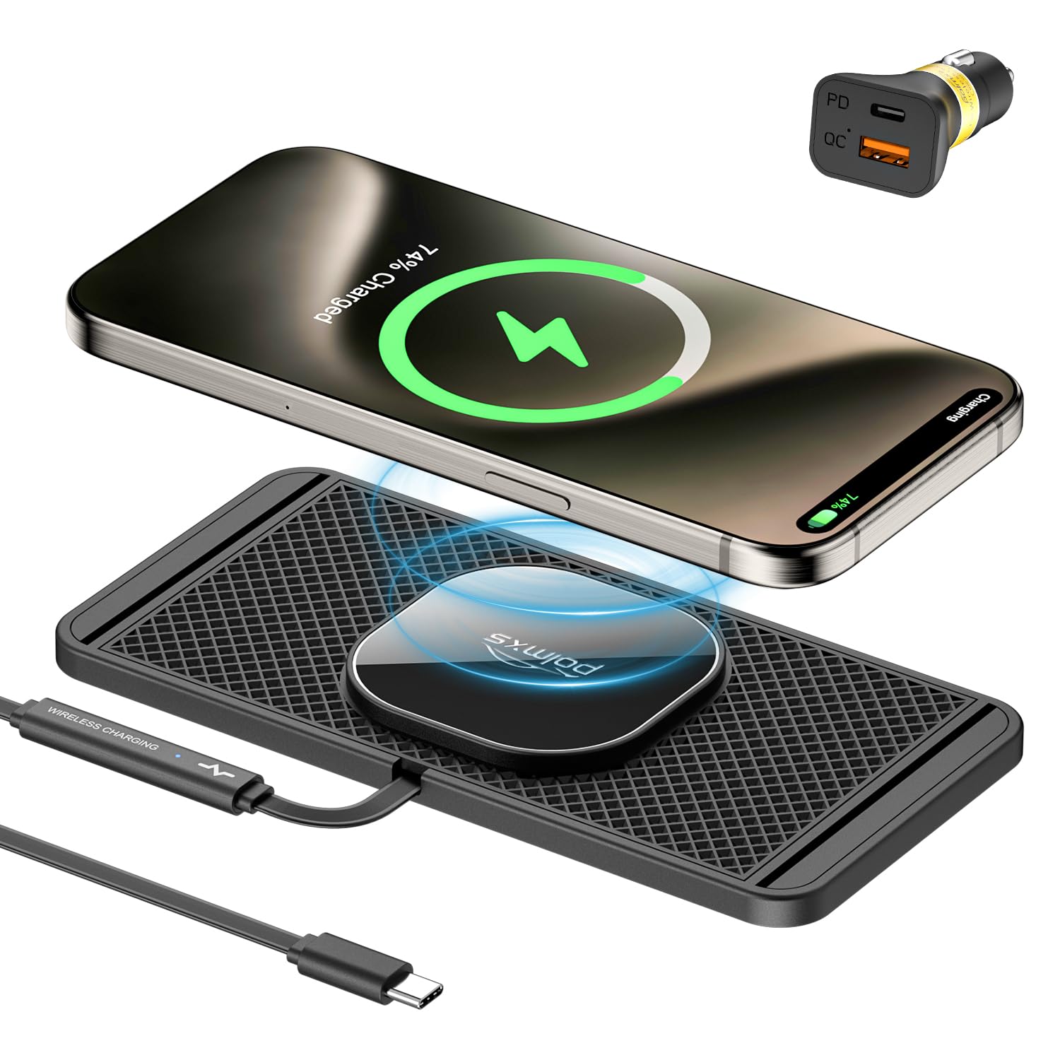 Polmxs Magnetic Wireless Car Charger, 15W Wireless Charging Pad for Magsafe Car Charger USB C Non Slip Car Phone Charging Mat for iPhone 17/16/15/14/13/12, Airpods (30CM Cable)