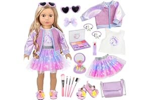 ZQDOLL American 18 Inch Doll Makeup Accessories and Clothes Set Includes 18 Inch Doll Clothes and Shoes Bag Makeup Brush Set Foldable Haircomb Eyeshadow Lipstick Bow Hair Clip Sunglasses Hair Rope（No Dolls）
