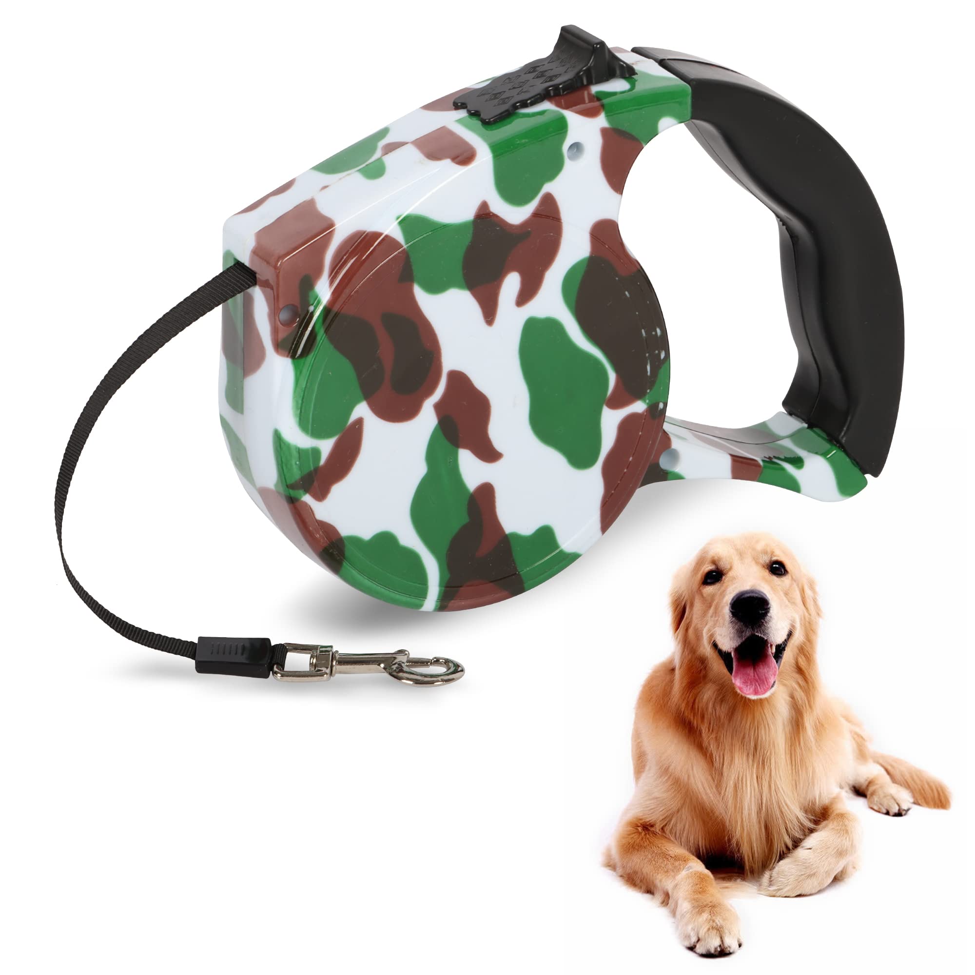 Beaface Retractable Dog Lead Extendable 16ft/5M, Perfect for Small & Medium Dogs Up to 25KG/55LB, Anti-Tangled Strong Nylon Tape (Camouflage)