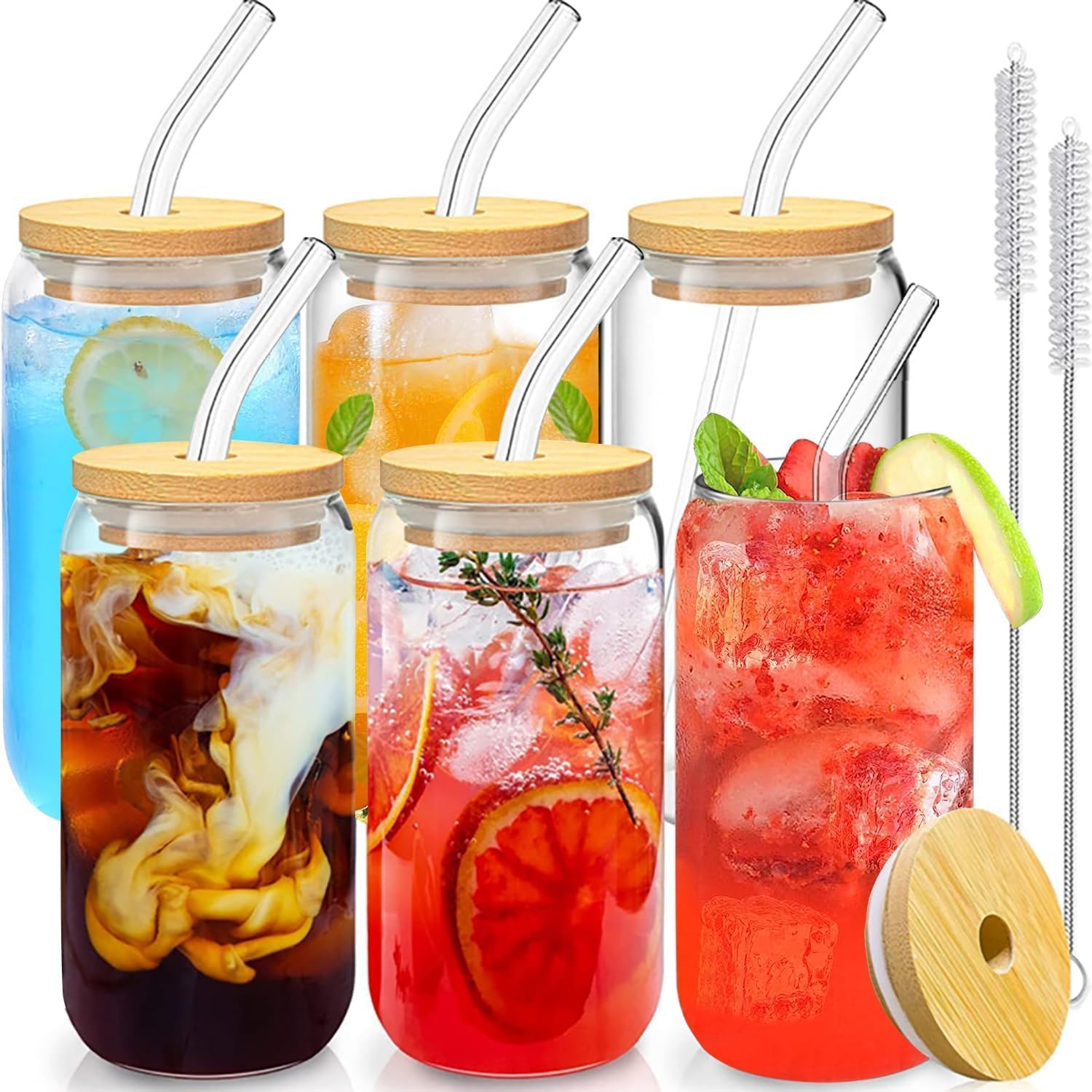 Duscdesp Iced Coffee Cup,Glass Cups with Lids and Straws,Drinking Glasses with Bamboo Lids and Glass Straw,16oz Drinking Glasses Set,Iced Coffee,Cocktail (6 Pcs Set)