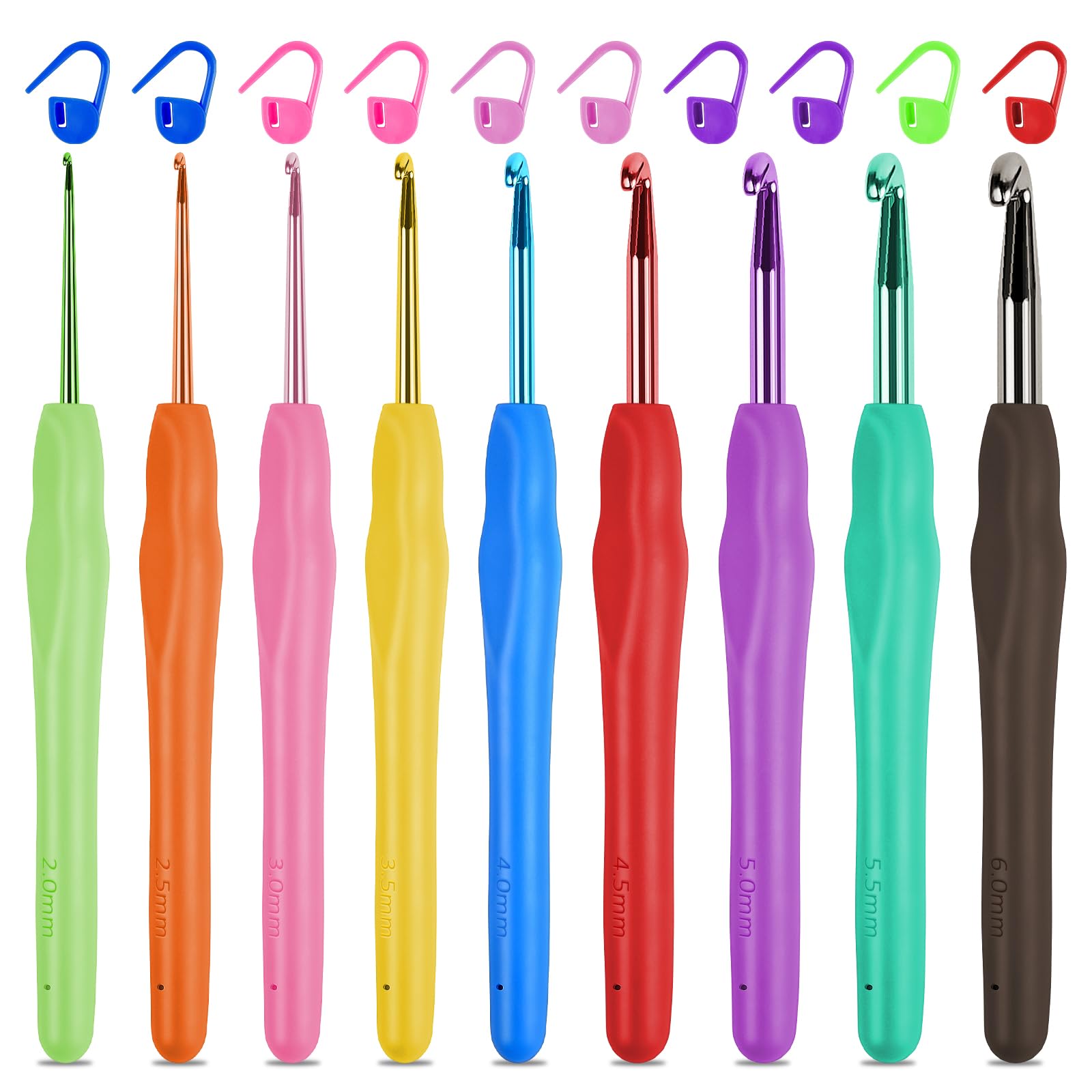 HOTUT Crochet Hooks, 9 Pcs Multicolor Aluminum Knitting Needles, Ergonomic Soft Handles Crochet Hooks for Arthritic Hands, Aluminum Crochet Needles with Stitch Markers for Beginners or Professionals