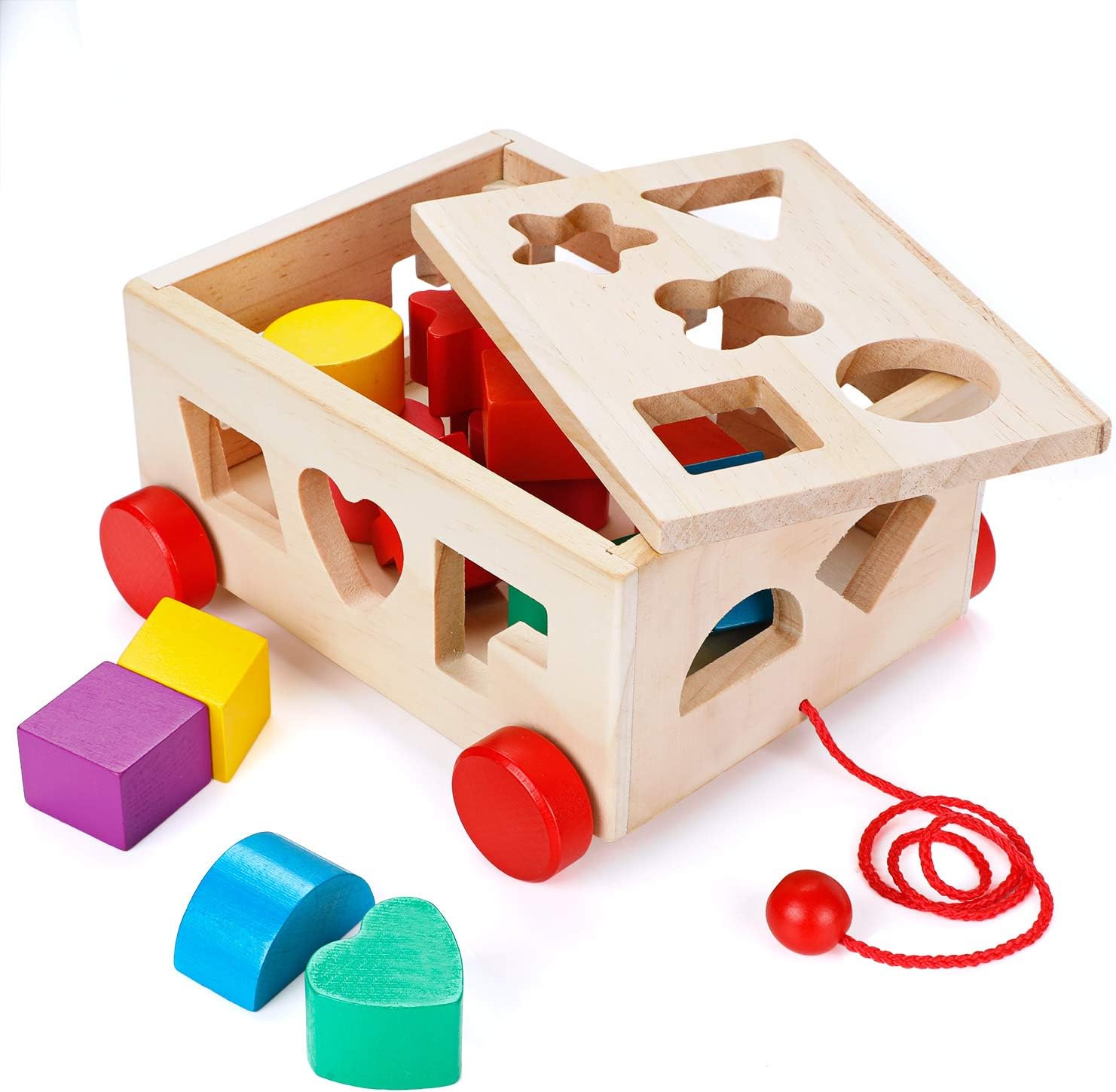 OSPORTFUN Kids Car Shape Sorter Toys Puzzle Baby Educational Wooden Toy Colorful Children's Building Blocks, Ages 12 Months and Up