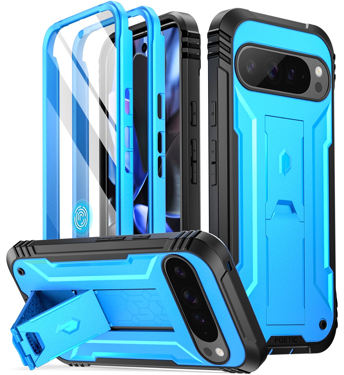 Poetic Revolution Case for Google Pixel 9 Pro XL 5G 6.8 inch, Built-in Screen Protector Work with Fingerprint ID, Full Body Military Grade Rugged Shockproof Protective Case with Kickstand, Light Blue — image 1